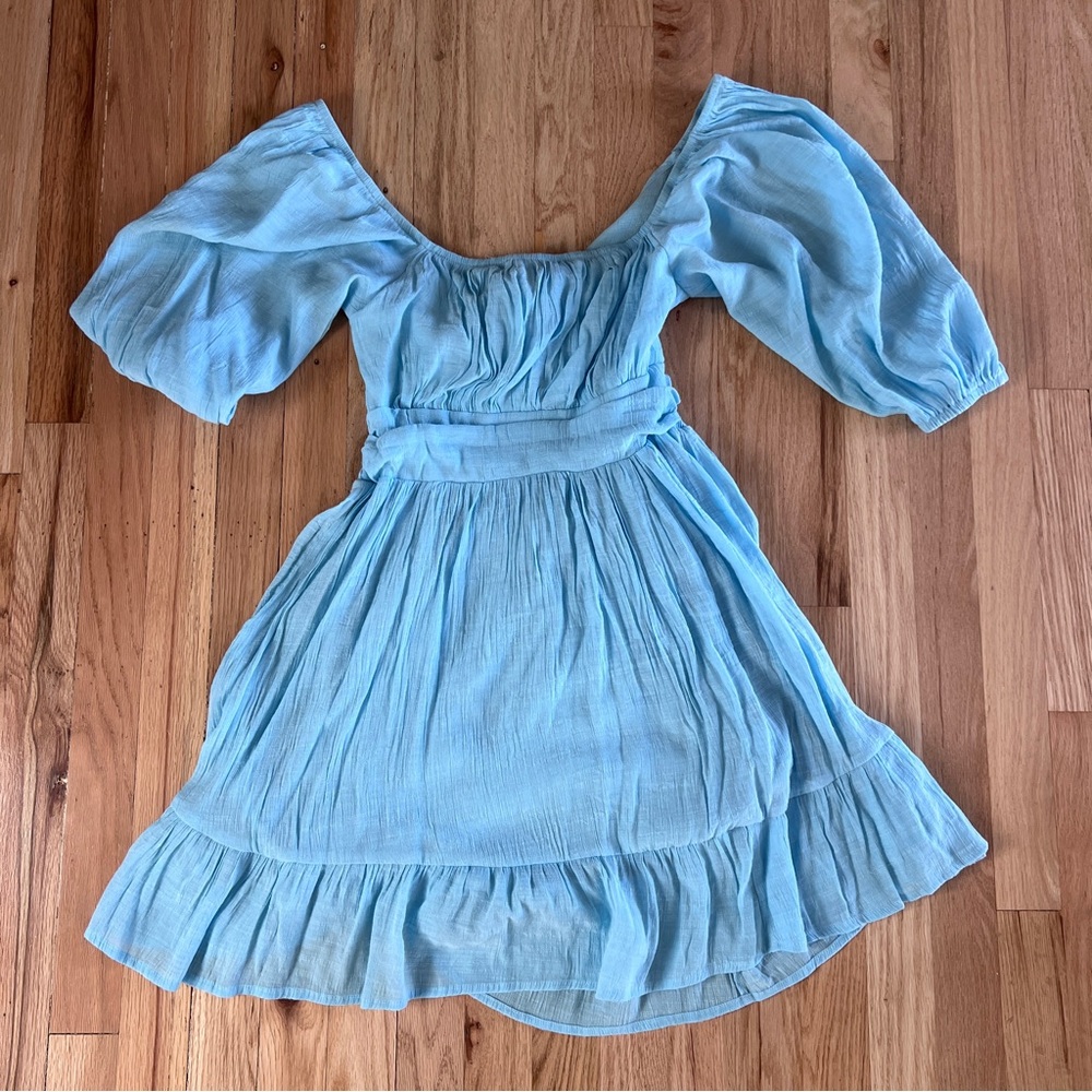 puff sleeve open back mini dress light blue princess costume summer vacation Med - Picture 13 of 15